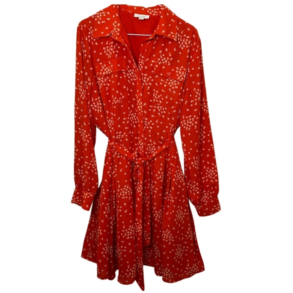On 34th Red‎ and White Ditsy Floral Buttoned Tie Front Shirt Long Sleeve Dress